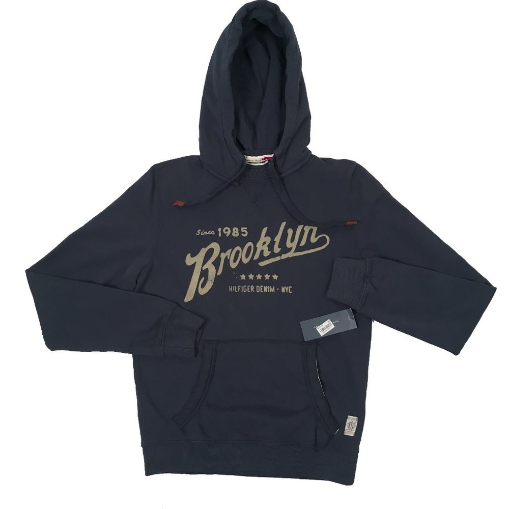 NEW Vintage Tommy Hilfiger Denim Hoodie Sweatshirt Navy SLIM FIT Felt Brooklyn